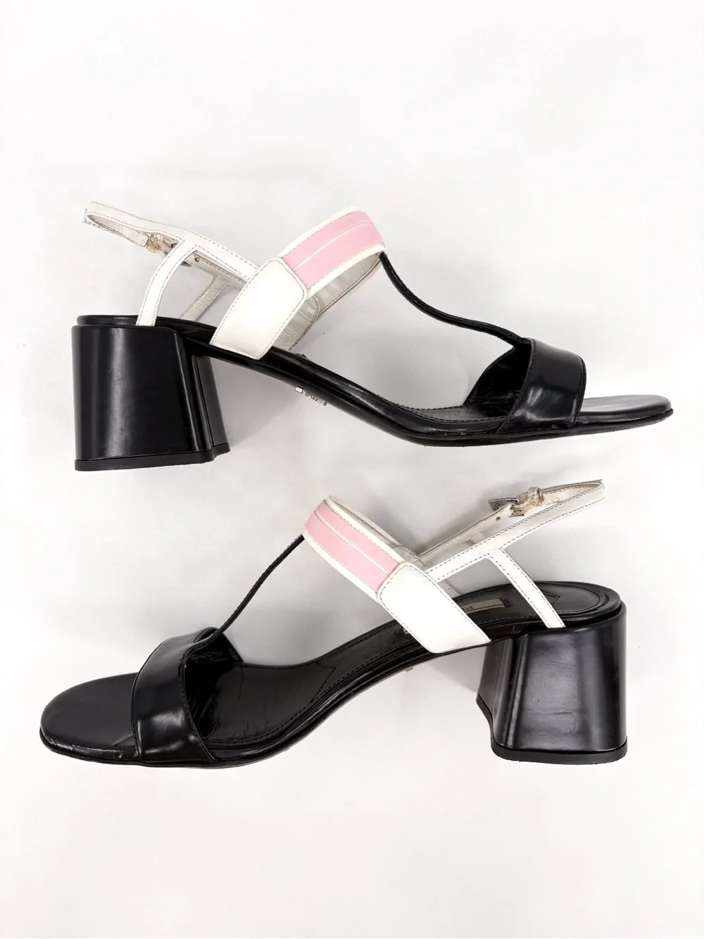 PRADA T-Strap Slingback Block Heel Sandals in White Black EU 38 US 8